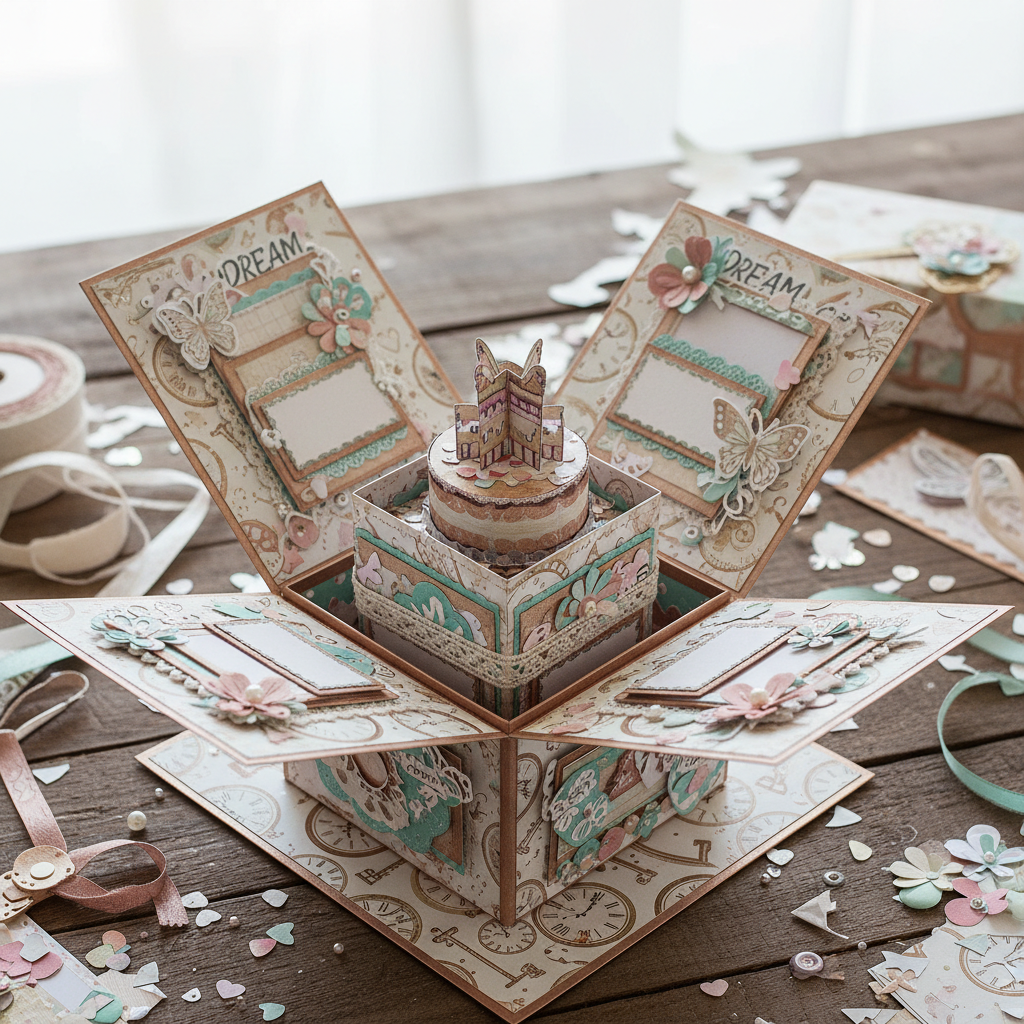 Ręcznie wykonane pudełko exploding box z motywem vintage, ozdobione kwiatami i motylami, stoi na drewnianym stole w otoczeniu materiałów do scrapbookingu.